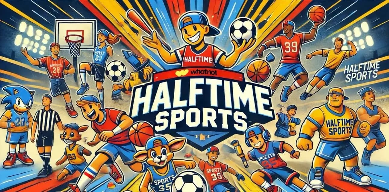 Halftime Sports banner with cartoon athletes